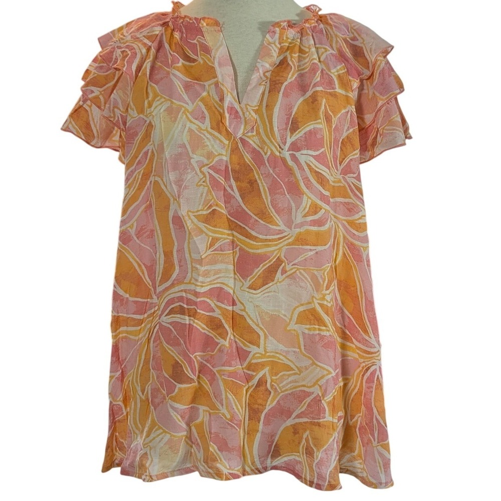 Nanette Lepore Blouse M NWT Ruffle Sleeve Sheer Floral Pink Orange‎